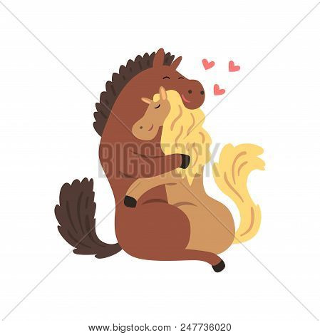 Couple Of Horses In Love Embracing Each Other, Two Happy  Aniimals Hugging With Hearts Over Their He