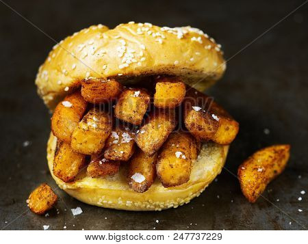 Close Up Of Traditional English Chip Butty Sandwich