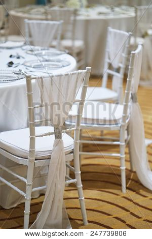 Wedding Reception Dinner Table Setting Indoor With White Chiavari Chairs For Luxury Wedding Party