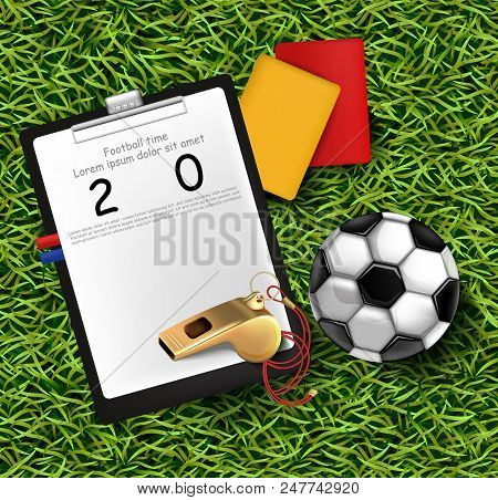 Scoreboard, Soccer Ball And Whistle On Green Grass Vector Illustration