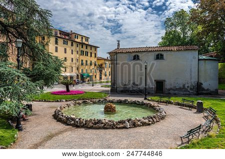 Lucca, Italy - May 29, 2018: A Scenic Square Near Porta Pietro With Oratorio Della Madonnina -an Old
