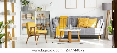 Real Photo Of A Couch With Yellow Pillows Standing Bext To Shelves With Books And Ornaments And Lamp