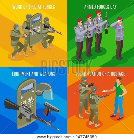 Military Special Forces Isometric Concept With Professional Holiday Weapons And Equipment Hostage Id