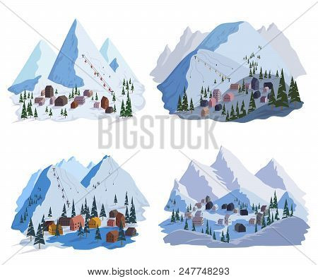 Ski Resort Set. Beautiful Landscapes With Mountains, Houses, Hotels, Fir Trees And Ski Lift. Vector 