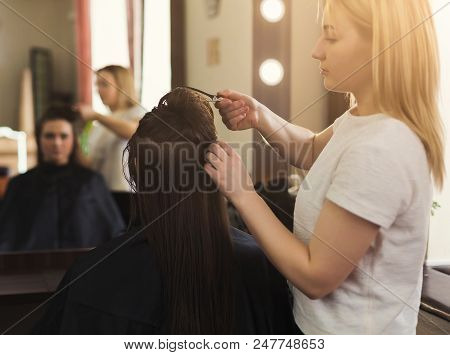 Woman Getting Hairdo At Salon. Professional Hair Stylish Pinning Up The Hair