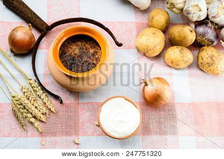 Traditional Belarusian And Ukrainian Cuisine. Potato Babka, Baked Cake Made Of Potato, Meat And Onio