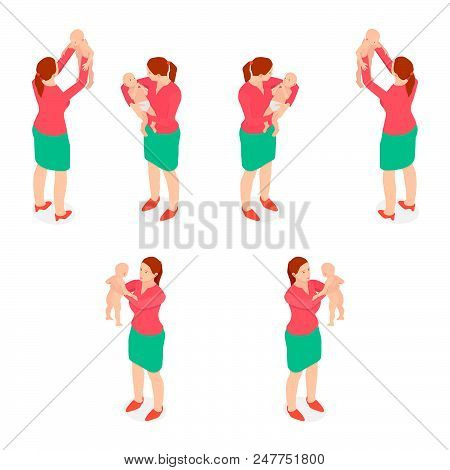 A Young Mother With A Child In Different Angles Isometric.