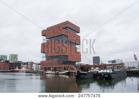 Antwerp, Belgium - 2 March 2017: View Across The Marina To The Mas Museum Of Antwerp