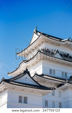 Odawara Castle Is A Hirayama-style Japanese Castle, Odawara, Japan. Isolated On Blue Background. Ver