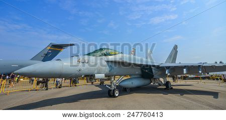 Singapore - Feb 10, 2018. Boeing Fa-18e Super Hornet Of United States Air Force (usaf) On Display In