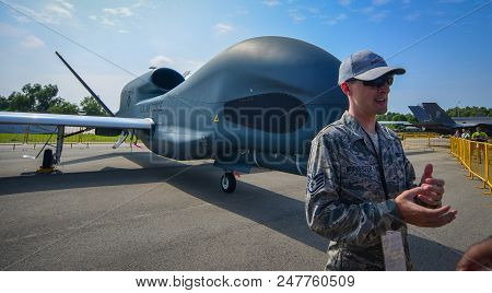 Singapore - Feb 10, 2018. A Us Air Force (usaf) Soldier With Aircrafts In Changi, Singapore.
