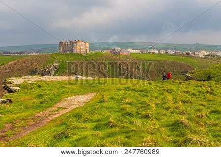 Tintagel, United Kingdom - May 02, 2014: View Of Tintagel Island And Legendary Tintagel Castle Ruins
