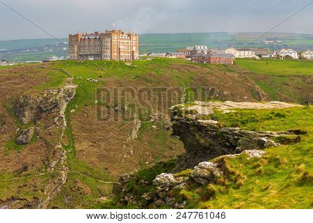 Tintagel, United Kingdom - May 02, 2014: View Of Tintagel Island And Legendary Tintagel Castle Ruins