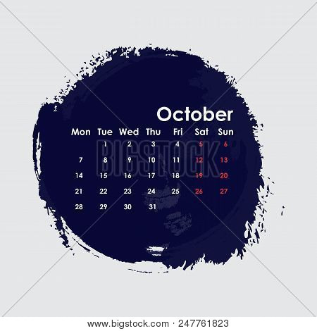 October 2019 Calendar Template.starts From Monday.vector Illustration.