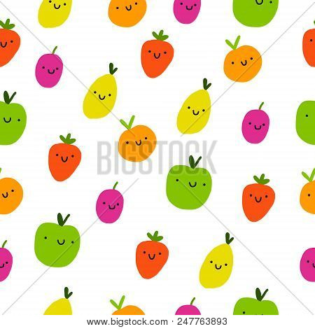 Colorful Freshh Fruits Seamless Pattern Handdrawn In Kawaii Style Design