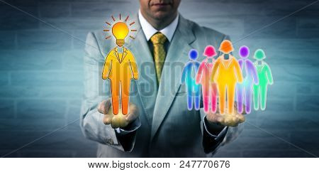 Unrecognizable Recruiter Presenting A Bright Female Entrepreneur As Team Leader To A Multi Cultural 