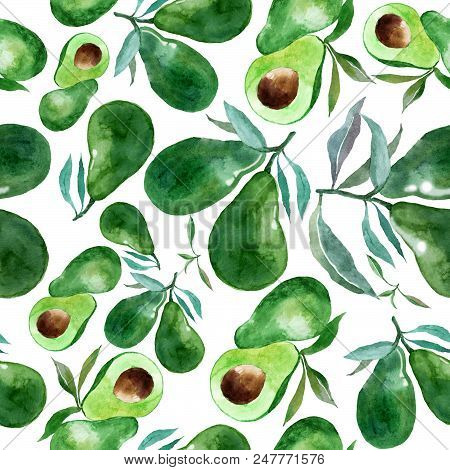 Avocado Pattern Watercolor. Collection Of Exotic Fruit.