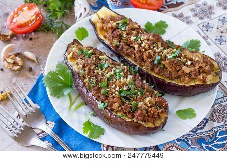 Baked Eggplants With Meat, Walnut And Vegetables. Traditional Middle Eastern Or Arab Dish.