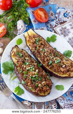 Baked Eggplants With Meat, Walnut And Vegetables. Traditional Middle Eastern Or Arab Dish.