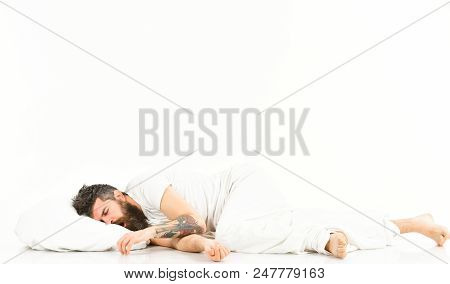 Deep Sleep Concept. Man With Beard And Mustache In Deep Sleep, White Background. Hipster Drowsy, Wan