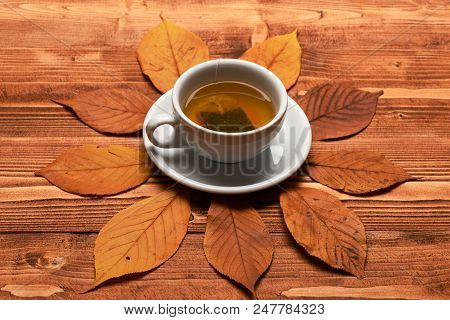 Hot Beverage On Saucer On Wooden Background. Cup Of Green Tea With Tea Bag Put On Beautiful Leaves. 