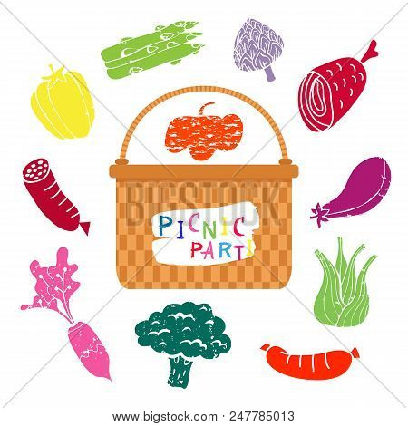 Summer Picnic Concept  For Web Banners, Web Sites, Menu, Infographics. Wicker Picnic Basket  With Fo