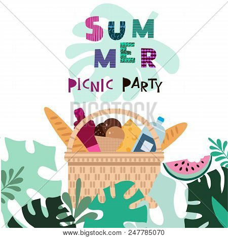 Summer Picnic Concept  For Web Banners, Web Sites, Menu, Infographics. Wicker Picnic Basket  With Fo