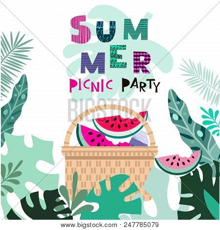 Summer Picnic Concept  For Web Banners, Web Sites, Menu, Infographics. Wicker Picnic Basket  With Fo