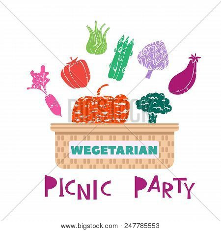 Summer Picnic Concept  For Web Banners, Web Sites, Menu, Infographics. Wicker Picnic Basket  With Fo