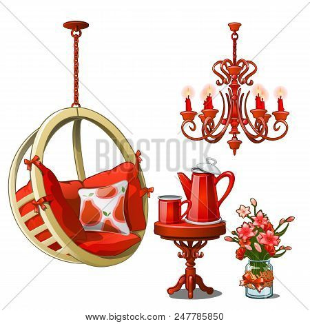 The Interior Of Cozy Cafe Or Kitchen In Red Color. Vintage Furniture And Tea Set Isolated On White B