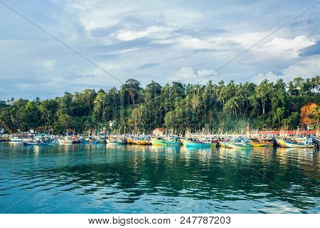 Sri Lanka, Mirissa - 17 April 2018: Fishing Boats Near Mirissa Bay