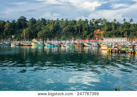 Sri Lanka, Mirissa - 17 April 2018: Fishing Boats Near Mirissa Bay