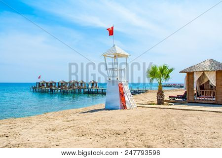 Wooden Beach Pavilions On The Shore Of A Sandy Beach - The Mediterranean Coast, Beldibi, Antalya, Tu