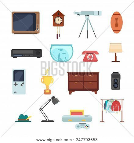 Second Hand Clothes, Vintage Goods From Flea Market Vector Set Isolated On White Background. Objects