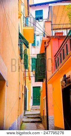 Colorful Buildings In Monterosso In Cinque Terre, Italy On Sunny Day.