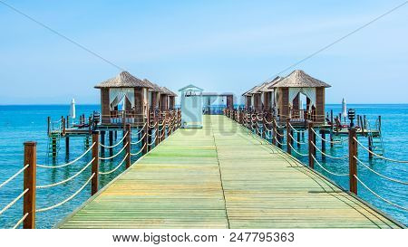 Wooden Beach Pavilions On The Shore Of A Sandy Beach - The Mediterranean Coast, Beldibi, Antalya, Tu