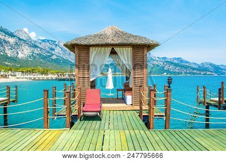 Wooden Beach Pavilions On The Shore Of A Sandy Beach - The Mediterranean Coast, Beldibi, Antalya, Tu