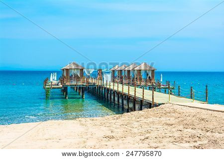 Wooden Beach Pavilions On The Shore Of A Sandy Beach - The Mediterranean Coast, Beldibi, Antalya, Tu