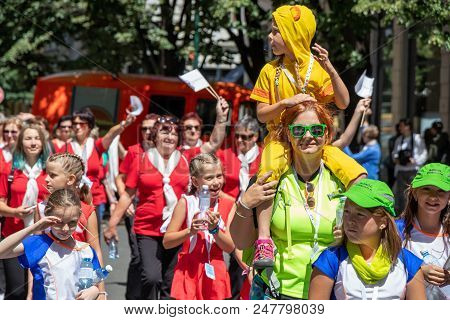 Prague, Czech Republic - July 1, 2018: People Parading At Sokolsky Slet, A Once-every-six-years Gath