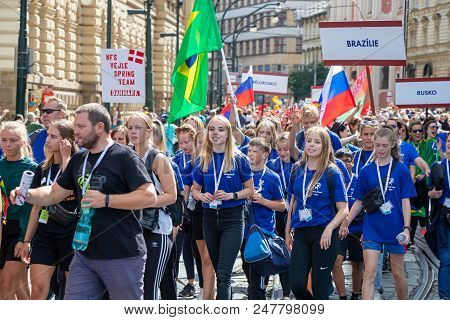 Prague, Czech Republic - July 1, 2018: Foreign Visitors Parading At Sokolsky Slet, A Once-every-six-