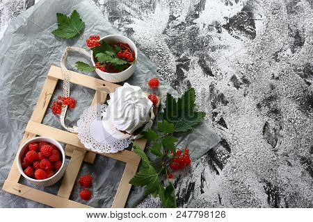 Beze, Meringue Is A French Dessert, Red Berries Currants. Egg Whites With Sugar, Whipped And Baked W