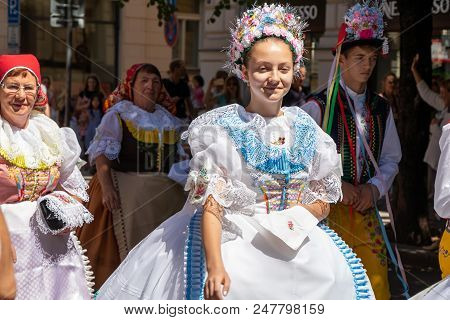 Prague, Czech Republic - July 1, 2018: People In Moravian Folk Costumes At Sokolsky Slet, A Once-eve