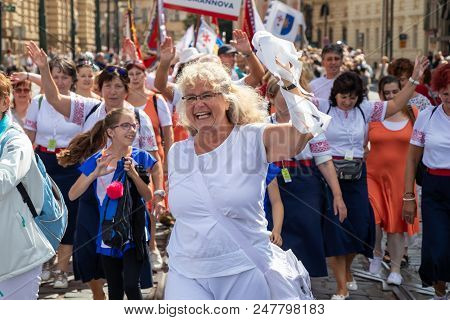 Prague, Czech Republic - July 1, 2018: People Parading At Sokolsky Slet, A Once-every-six-years Gath
