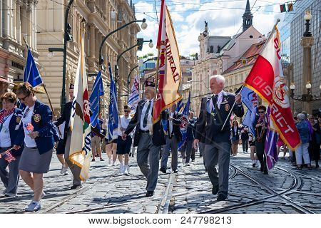Prague, Czech Republic - July 1, 2018: American Visitors Parading At Sokolsky Slet, A Once-every-six