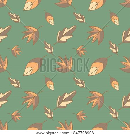 Pattern With Autumn Leaves. Vector Illustration. Green Background