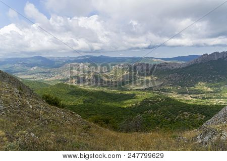 Panorama Of The Crimean Mountains. View From The Tokluk Ridge. Beginning Of September.