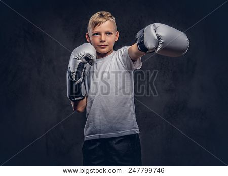 Schoolboy Boxer With Blonde Hair Dressed In A White T-shirt Wearing Boxing Gloves Shows A Boxing Kic