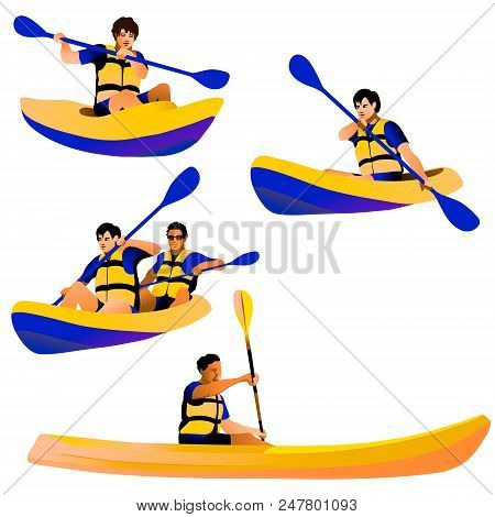 Set Of Four Kayaking Isolated Figures In Yellow And Blue