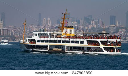 Istanbul, Turkey - April 22, 2018: Sehir Hatlari Ferry In Bosphorus Strait. Sehir Hatlari Was Establ