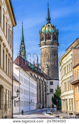 Snow Covered Street Shops Restaurants All Saints Castle Castle Church Schlosskirche Lutherstadt Witt